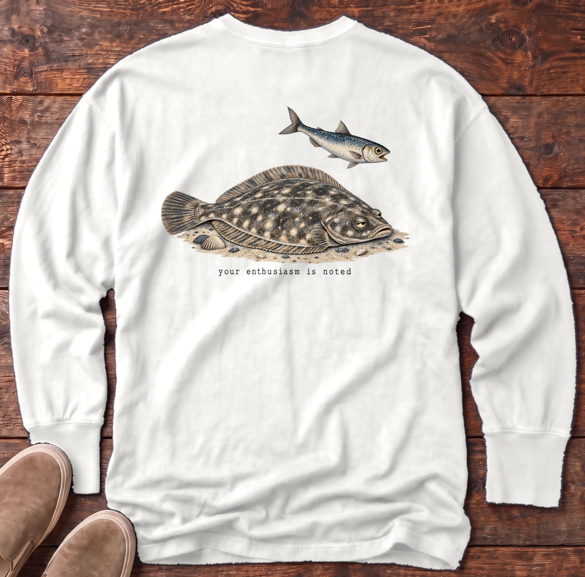 Your Enthusiasm Is Noted Flounder Back Design Long Sleeve Tee Comfort Colors in White, Salty Paws Comfort Colors Long Sleeve Tee, back design flat lay
