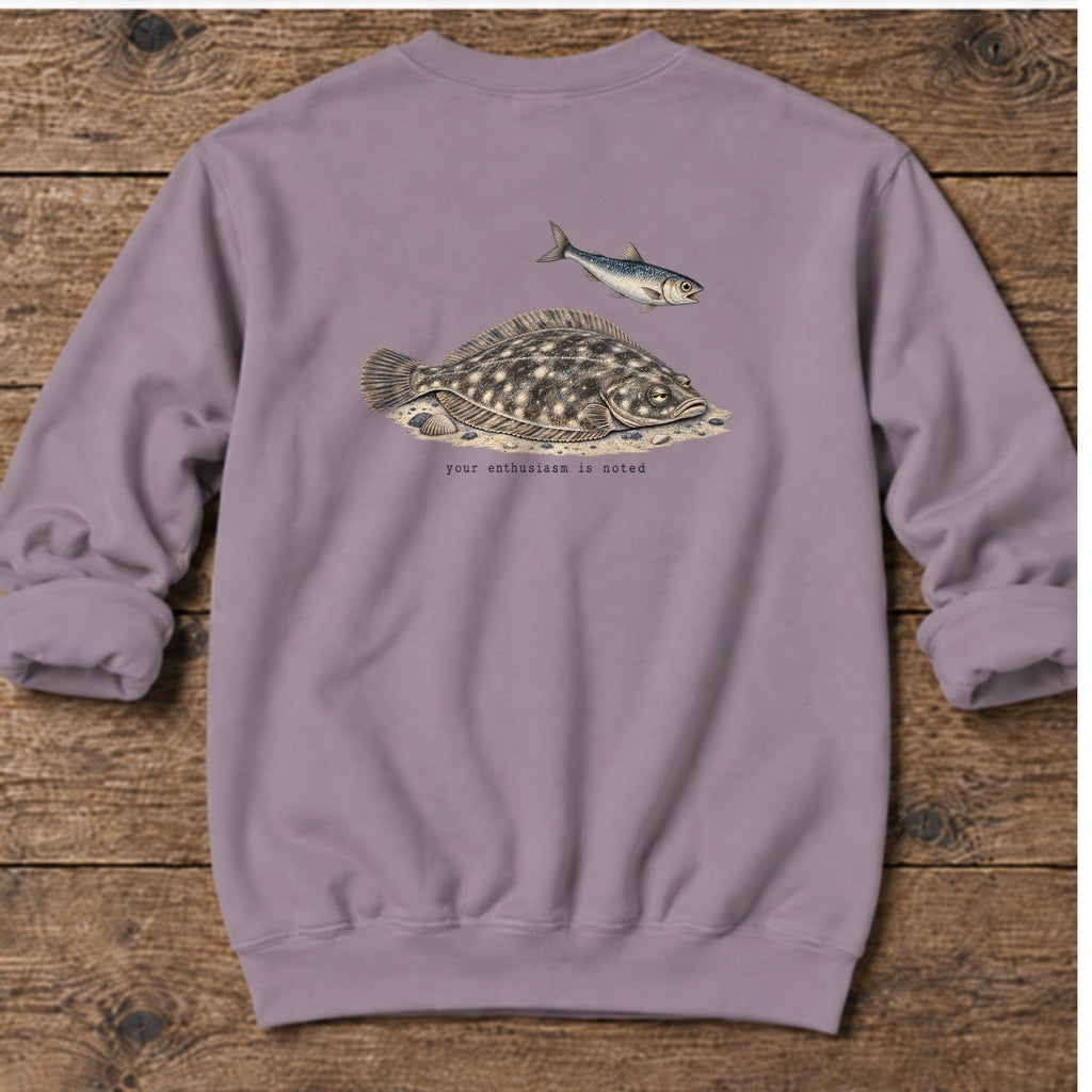 Your Enthusiasm Is Noted Flounder Back Design Midweight Sweatshirt in Paragon, Salty Paws Midweight Sweatshirt, back design flat lay
