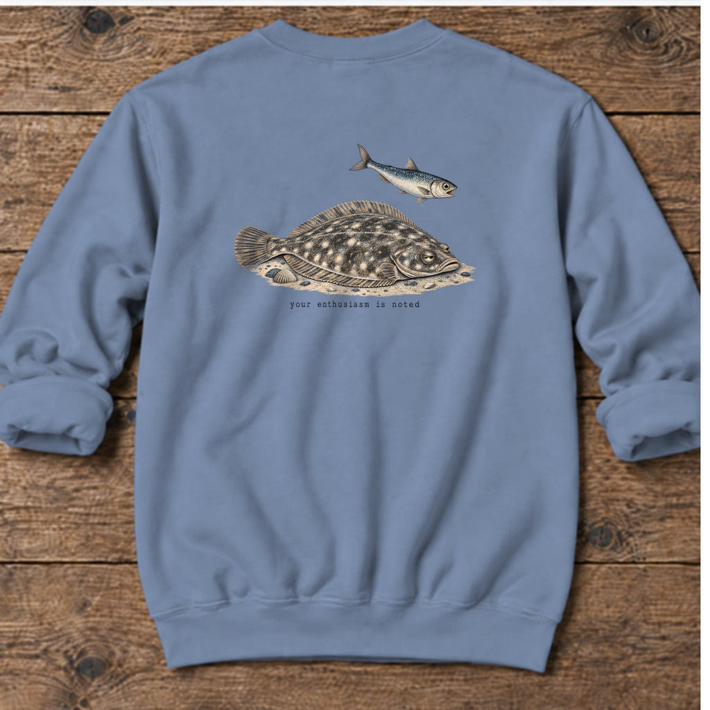 Your Enthusiasm Is Noted Flounder Back Design Midweight Sweatshirt in Stone Blue, Salty Paws Midweight Sweatshirt, back design flat lay