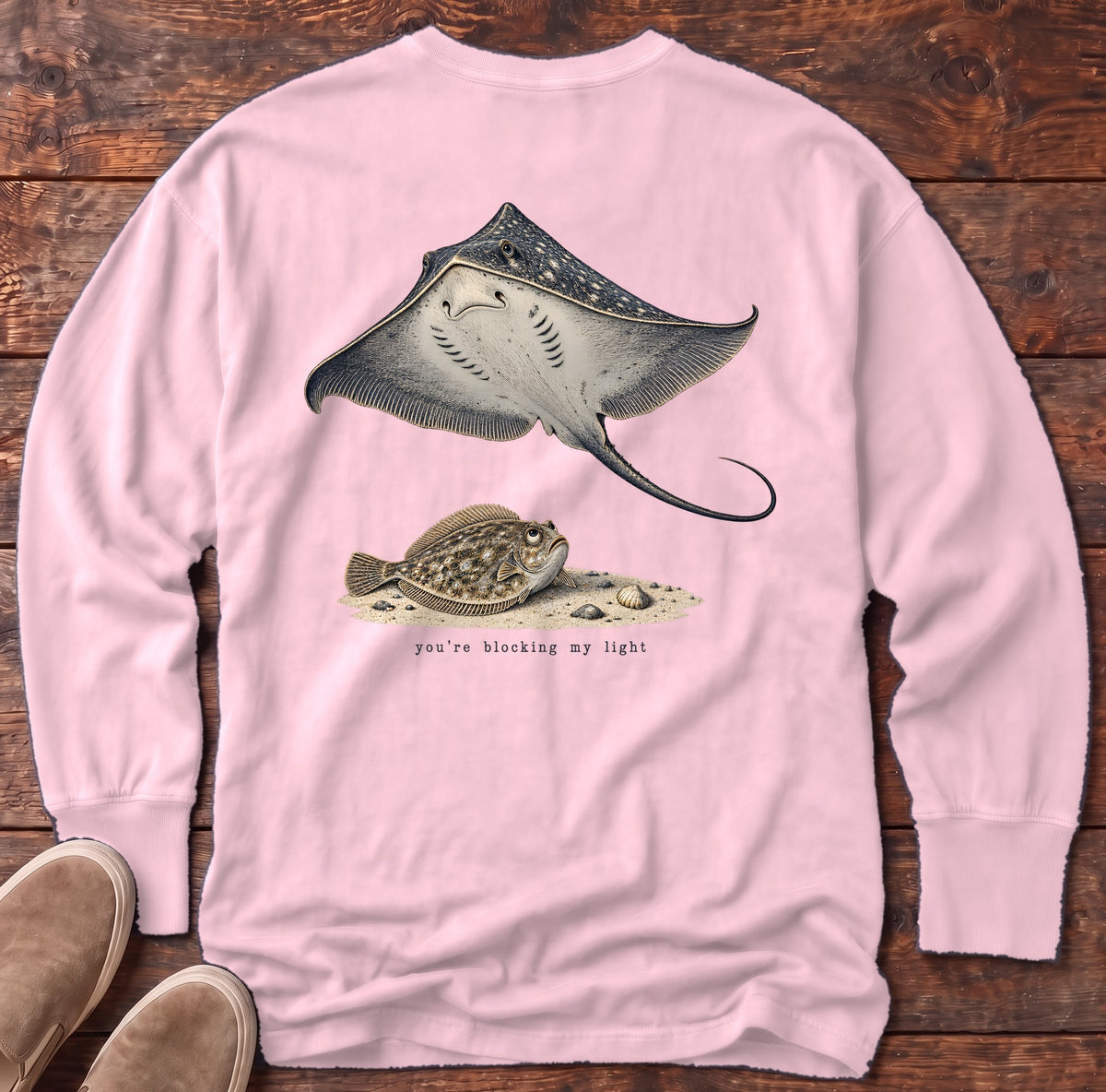 You're Blocking My Light Flounder Back Design Long Sleeve Tee Comfort Colors in Blossom, Salty Paws Comfort Colors Long Sleeve Tee, back design flat lay