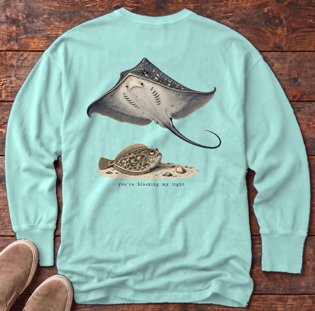 You're Blocking My Light Flounder Back Design Long Sleeve Tee Comfort Colors in Chalky Mint, Salty Paws Comfort Colors Long Sleeve Tee, back design flat lay