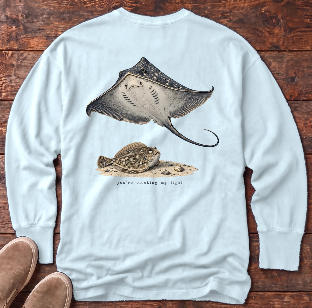 You're Blocking My Light Flounder Back Design Long Sleeve Tee Comfort Colors in Chambray, Salty Paws Comfort Colors Long Sleeve Tee, back design flat lay