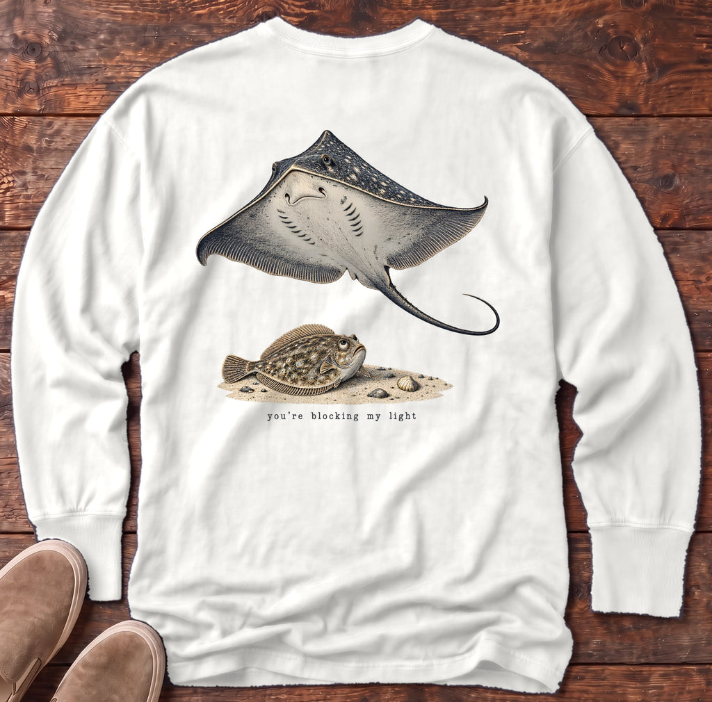 You're Blocking My Light Flounder Back Design Long Sleeve Tee Comfort Colors in White, Salty Paws Comfort Colors Long Sleeve Tee, back design flat lay