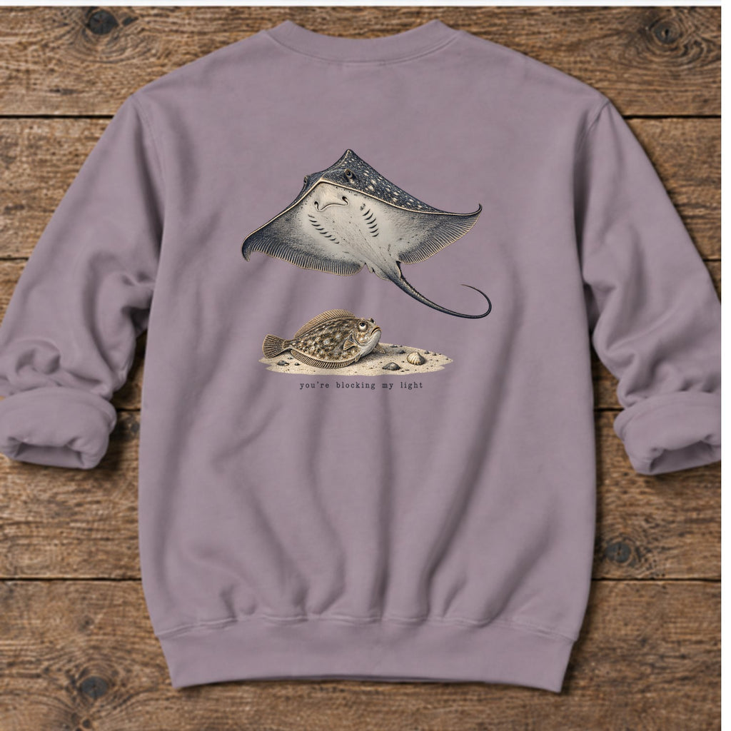 You're Blocking My Light Flounder Back Design Midweight Sweatshirt in Paragon, Salty Paws Midweight Sweatshirt, back design flat lay