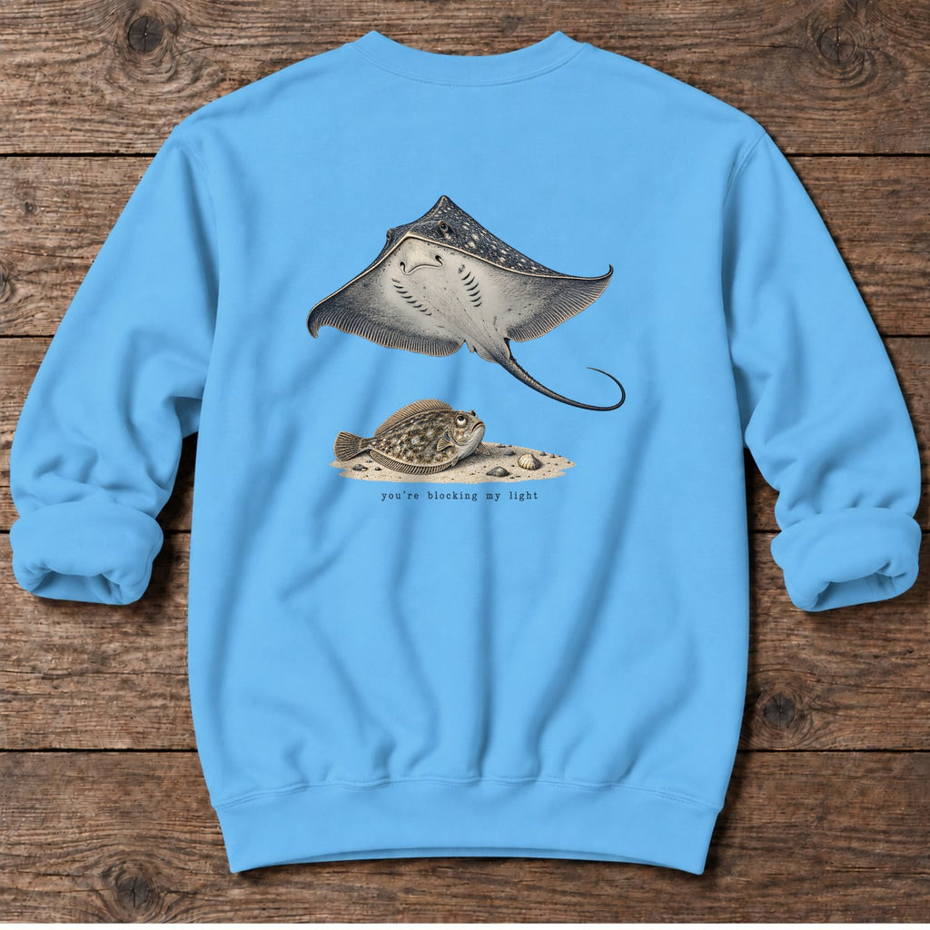 You're Blocking My Light Flounder Back Design Midweight Sweatshirt in Sky, Salty Paws Midweight Sweatshirt, back design flat lay