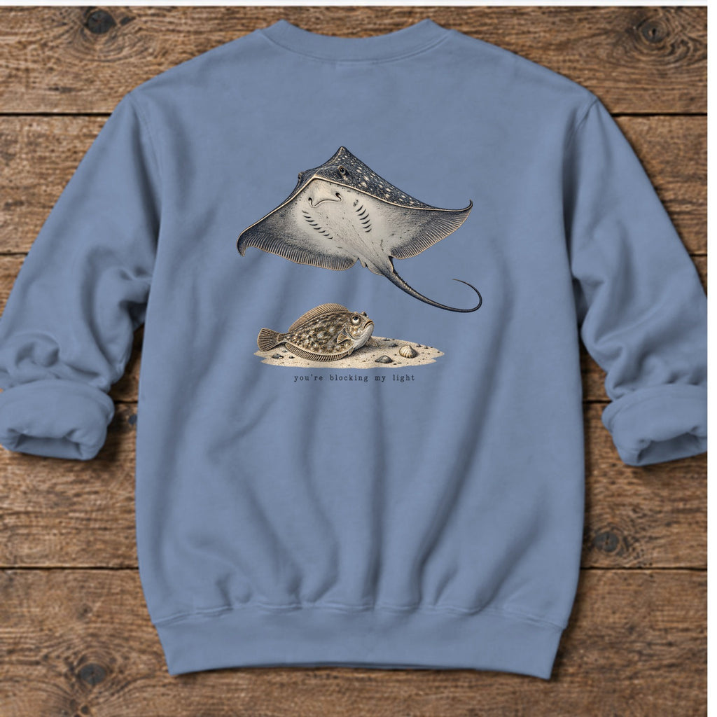 You're Blocking My Light Flounder Back Design Midweight Sweatshirt in Stone Blue, Salty Paws Midweight Sweatshirt, back design flat lay