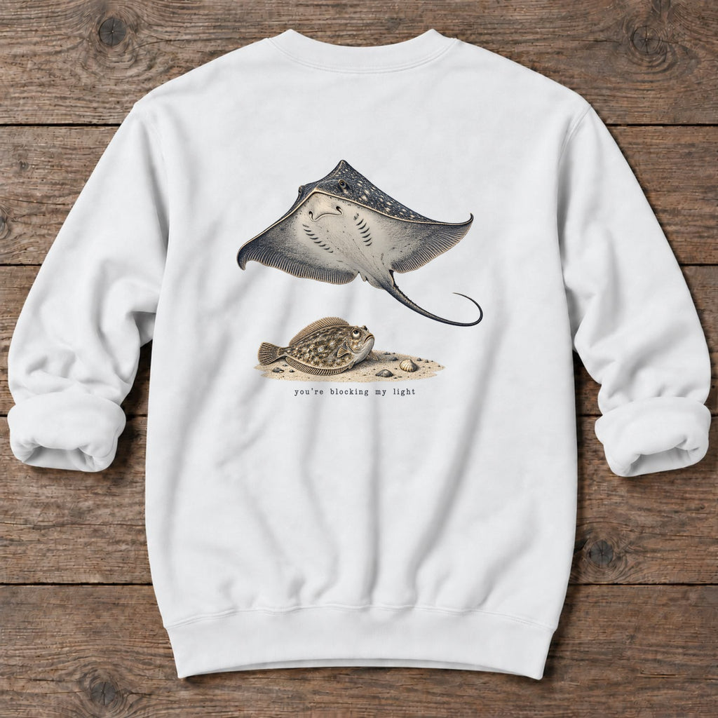 You're Blocking My Light Flounder Back Design Midweight Sweatshirt in White, Salty Paws Midweight Sweatshirt, back design flat lay