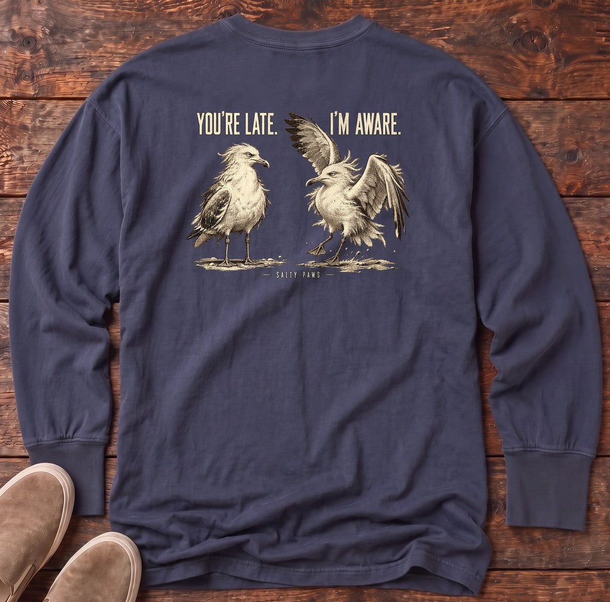 You're Late I'm Aware Seagulls Back Design Long Sleeve Tee in True Navy, Salty Paws Comfort Colors Long Sleeve Tee, back design flat lay