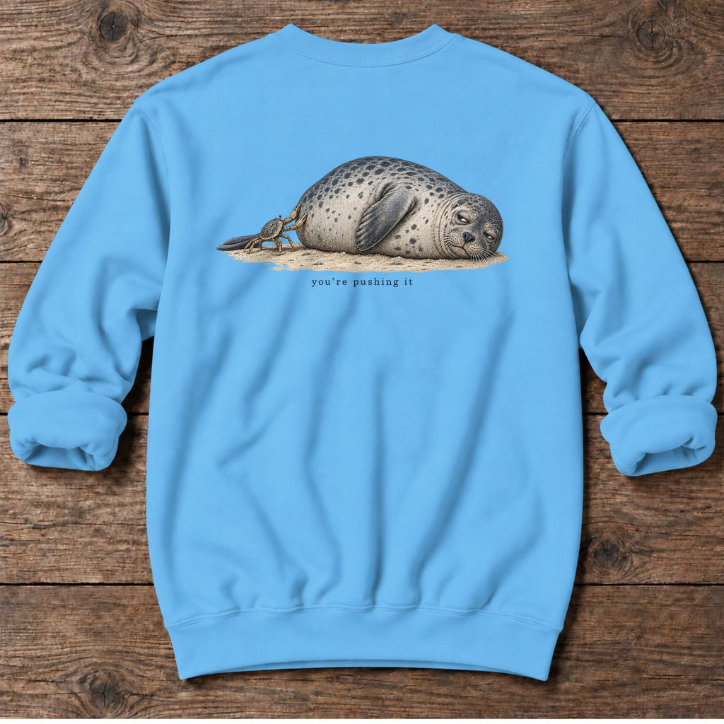 You're Pushing It Seal Back Design Midweight Sweatshirt in Sky, Salty Paws Midweight Sweatshirt, back design flat lay